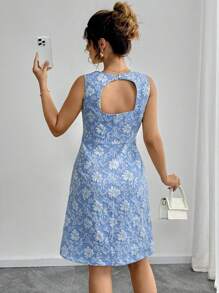 Elenzga Plus Size Women Summer Vacation Style Jacquard Square Neck Hollow Back Waisted Dress - Blue - View 2