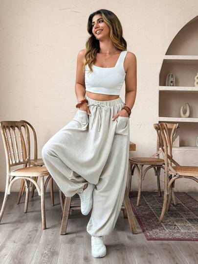 Weeklong Plus Size Women Casual Woven Pocket Harlem Pants, Apricot