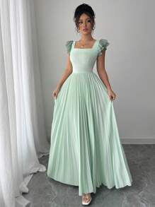 Elenzga Women's Elegant Solid Color Square Collar Cap Sleeve Pleated Hem Waisted Dress