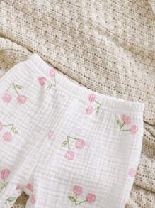 Bộ quần áo cardigan dài tay in họa tiết quả anh đào cho bé gái sơ sinh kèm mũ và yếm, thích hợp chụp ảnh tại nhà - trắng - Xem 7