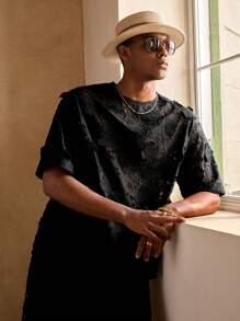 Manfinity BRENVOR 度假风格 3D 刺绣花卉镂空宽松休闲男士 T 恤，Rave - 黑色 - 查看 7