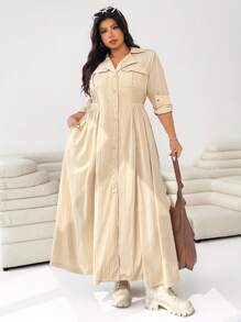 SHEIN EZwear Plus Size Women's Turndown Collar Front Button Decor Long Sleeve Fitted Jacket Long Shirts For Women Long Blouses Beige Dress Long Coat Dress And Coat Winter Fall Autumn