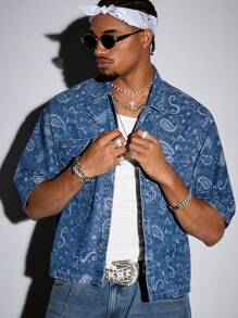 ROMWE MEN Street Life Men's Summer Vacation Paisley Print Patchwork Pocket Short Sleeve Denim Shirt - Brown - View 7