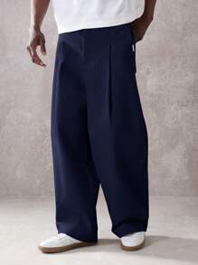 SUMWON 阔腿筒形剪裁西装裤正式商务专业直筒剪裁褶皱经典长裤 - 藏蓝色 - 查看 1