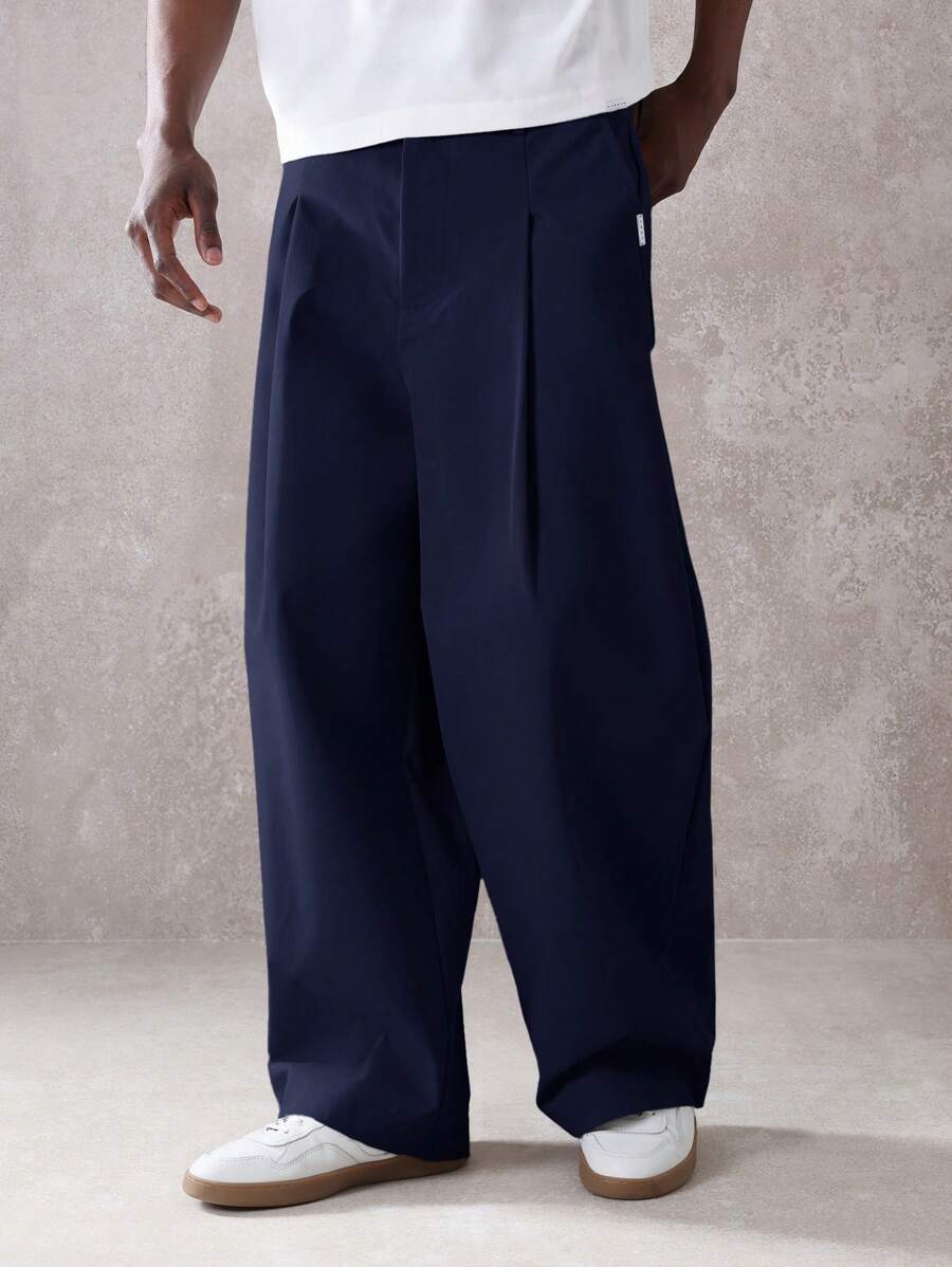 SUMWON 阔腿筒形剪裁西装裤正式商务专业直筒剪裁褶皱经典长裤 - 藏蓝色 - 查看 1