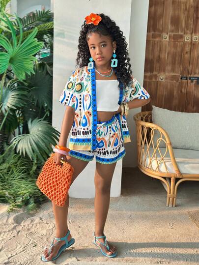 SHEIN Tween Girls Tropical Print Loose Cardigan & Shorts 2 Pieces Set, Suitable For Travel, Vacation, Beach