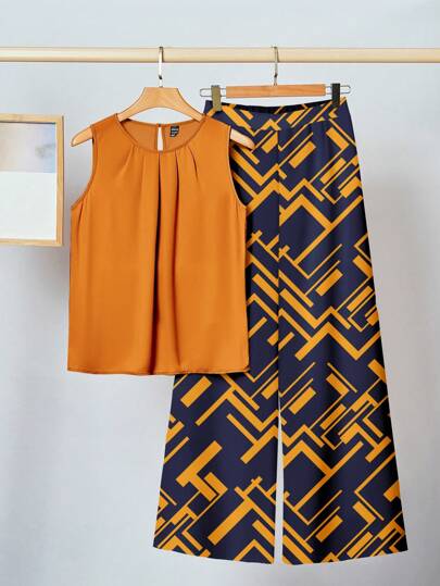 SHEIN Clasi Bright Orange Sleeveless Loose Top And Geometric Print Loose Pants Set, Casual Outfit Suitable For Summer,Everyday Wear