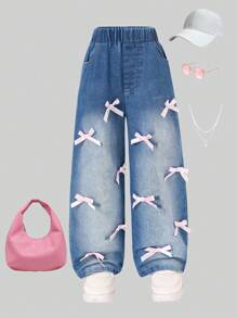 Nuevo conjunto de verano para niñas de 4 a 7 años, pantalones rosas con diseño de lazo hecho a mano y jeans azules anchos de pierna ancha, sueltos y cómodos, adecuados para uso diario al aire libre y de vacaciones