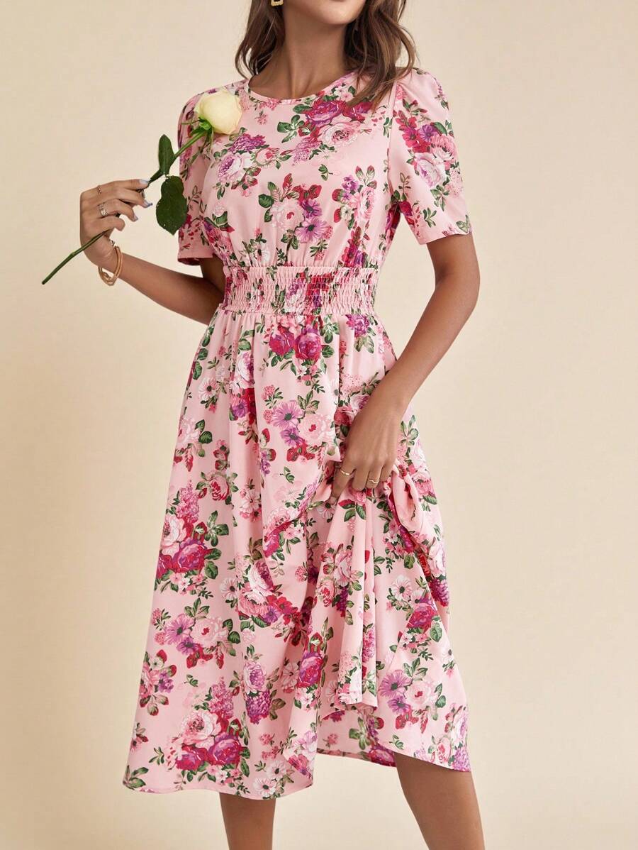 SHEIN Clasi Floral Printed Round Neck & Drawstring Waist Puff Sleeve A-Line Wedding Women Dress - Multicolor - View 1