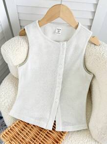 青少年女孩罗纹不对称纽扣开合针织无袖毛衣 - 白色 - 查看 4