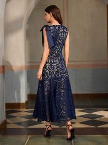 ZEYLAH Sleeveless Off Shoulder Bowknot Fishtail Lace Maxi Elegant Dress - Navy Blue - View 3