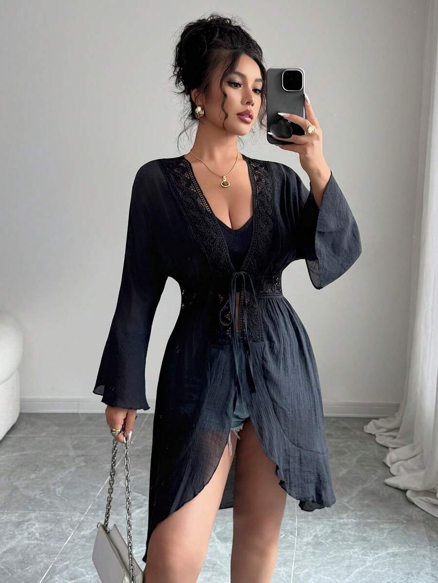 Elenzga Elenzga Women's Summer V-Neck Waistline Embroidered Lace Trim Design Shirt, Front Tie Detail, Flare Cuffs & Hem, Hollow Waist Pleated Sheer Elegant Mid-Length Blouse, Suitable For Everyday & Casual Wear