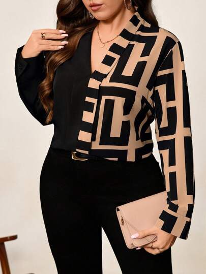 Chikora Plus Size Color Block Geometric Printed Simple Daily Long Sleeve Shirt Business Casual Woman