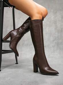 CUCCOO SZL Women's Pointed Toe Side Zipper Design Fashion Knee High Boots For Christmas - Brown - View 2