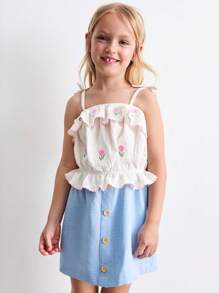 SHEIN Young Girls Floral Embroidered Top/Vest And Mini Skirt Set - Multicolor - View 1