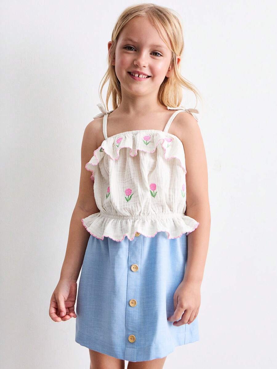 SHEIN Young Girls Floral Embroidered Top/Vest And Mini Skirt Set - Multicolor - View 1