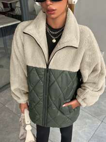 EURMUSE Women Padded Coat With Teddy Bear Fabric Patchwork, Diamond Shape Stitch Line - Army Green - View 6