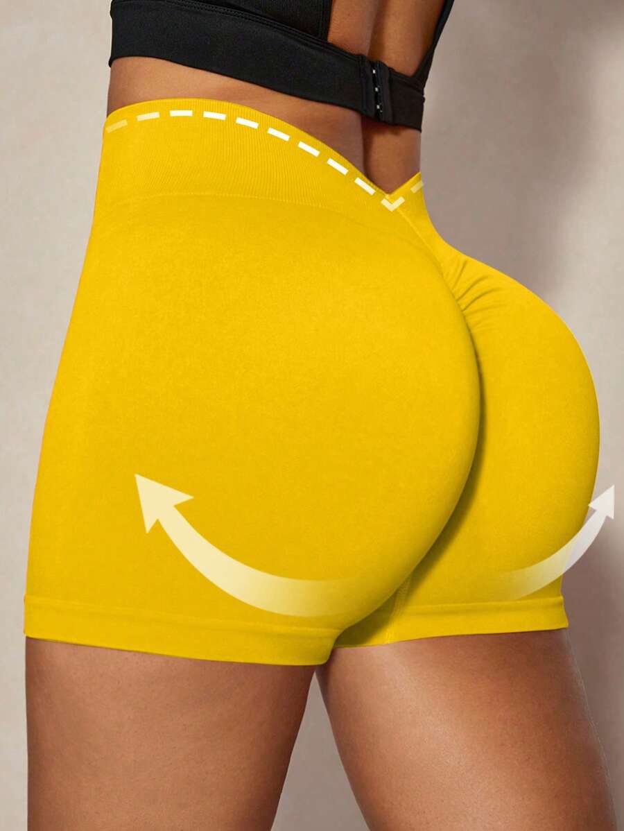 SHEIN Core Rhythm 女式褶皱腰性感提升瑜伽短裤，舒适弹力健身短裤 - 黃色 - 查看 1