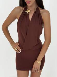 Aloruh Vestido curto casual metálico com decote profundo e drapeado para moças, cor marrom, adequado para férias de primavera/verão