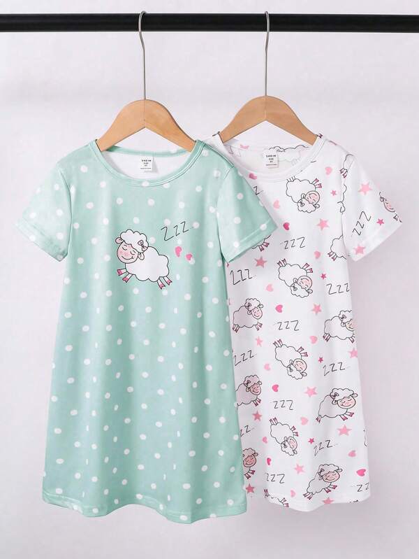 2pcs Girls Cute Cartoon Sheep Print Pajama Set, Pink And Gray Color, Minimalist And Fashionable Design, Short Sleeve Long Nightgown Home Wear Children Clothes Night Dress For Kids