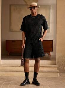 Manfinity BRENVOR 度假风格 3D 刺绣花卉镂空宽松休闲男士 T 恤，Rave - 黑色 - 查看 3