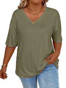 SHEIN LUNE Plus Size Summer Casual Loose Solid Color Short Sleeve T-Shirt - Olive Green - View 3