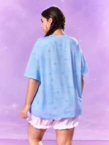Pop Mart Azura X SHEIN Plus Size Cartoon Anime Pattern Blue Round Neck Short Sleeve T-Shirt, Fall School Y2k Top, Street Wear Vintage Graphic Tees