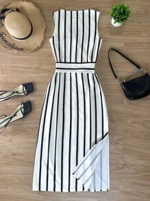 女式休闲条纹V领纽扣前开襟连衣裙，夏季 - 白色 - 查看 2