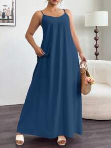 Elenzga Vestido largo elegante de mujer de unicolor sin mangas con corte evasé, vestido casual de mujer, vestido de mujer talla grande, vestido de verano para mujer, ropa de mujer, vestidos de mujer, vestido elegante de mujer - Neblina azul - Ver 1
