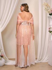 Lovelzi Plus Size Elegant Off-Shoulder Balloon Sleeve Dress,Blush Pink Spring Formal Party Sequins Fabric Patchwork Heat Press Foil Mesh Hem Gown - Pink - View 3