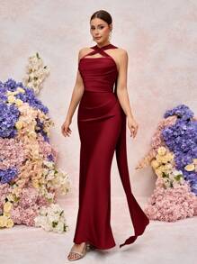 SHEIN Belle Abito da damigella d'onore elegante e romantico in chiffon opaco con drappeggio, spalle scoperte, senza spalline, aderente, a sirena