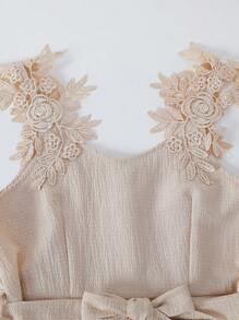 Tween Girls Textured Fabric Shoulder Flower Decor High-Waisted Long Pants - Apricot - View 8