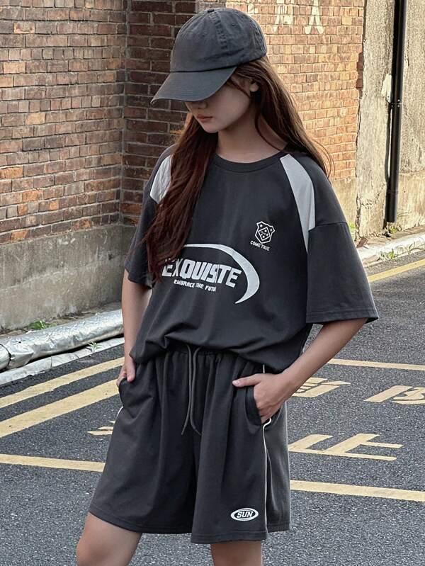 DAZY Teen Girls Contrast Color Short Sleeve Casual T-Shirt Set, Summer,Back To School Clothes