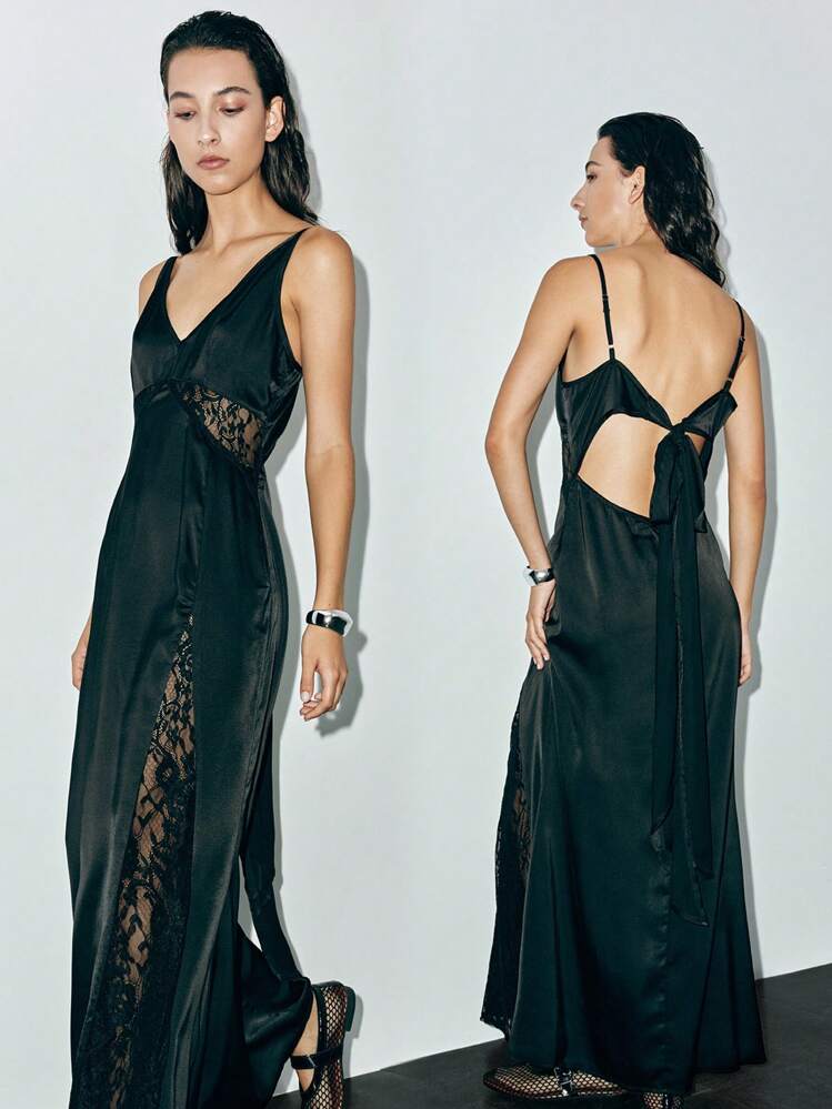 Lumivelle Summer Sexy Camisole Lace Patchwork Tie-Knot Dress