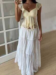 SHEIN EZwear 女式夏季胸前荷叶边网眼喇叭袖T恤 - 黃色 - 查看 3