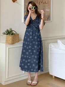 DAZY 女式V领休闲韩版甜美中长牛仔连衣裙夏季女装 - 藍色 - 查看 4