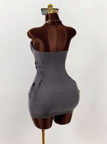 Amplova Women's Solid Color Pleated Cargo Pocket Bandeau Mini Dress,Boho Clothes Women - Dark Grey - View 2