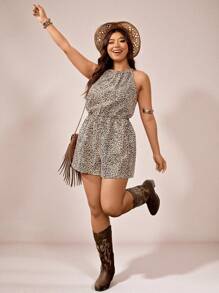 SHEIN VCAY Bộ đồ liền thân cổ yếm họa tiết da báo cỡ lớn cho kỳ nghỉ và giải trí - Nhiều màu - Xem 3