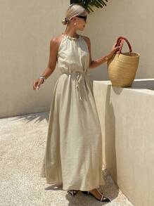 Livesso 女式无袖纯色露背系带中长连衣裙，夏季亚麻 - 米色 - 查看 5