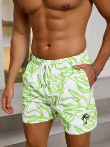 Manfinity Men's Marble Print Drawstring Waist Pocketed Beach Shorts - Lime Green - View 6