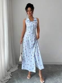 Selianne 无袖条纹波西米亚风度假连衣裙，独特领口，系带腰部，A 字廓形，樱桃纽扣，适合夏季音乐节 - 藍色 - 查看 4