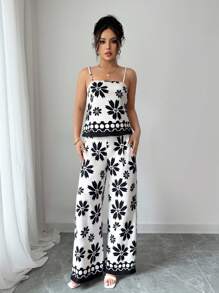 Breezaya Completo estivo casual da donna, composto da canottiera in stampa bianco e nero e pantaloni larghi