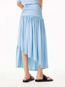 LYSMO Women's Solid Color Round Neck Drop Shoulder Ruched Hem Ruffled Casual Dress - Baby Blue - View 8