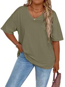 SHEIN LUNE Plus Size Summer Casual Loose Solid Color Short Sleeve T-Shirt - Olive Green - View 1