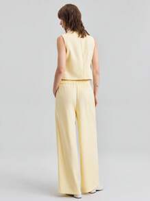Ontre 2025 Women's Summer Clothing Set,Pale Yellow Smart Casual Brunch Wear,Solid Wrap Tie Sleeveless Top & Loose Wide Leg Pants,Beach Resort Club Fashion - Yellow - View 3