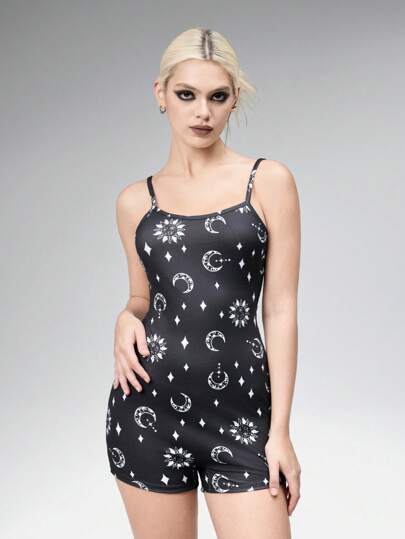 Goth Gothic Starry Sky Pattern Back Lace-Up Pajamas Jumpsuit