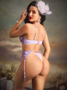 3pcs Vintage Romantic Jacquard Texture Cupless Sexy Lingerie Set, Lavender, Rave - Purple - View 2