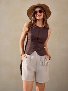 Wildy 美式乡村休闲亚麻短裤，夏季 - 杏色 - 查看 4