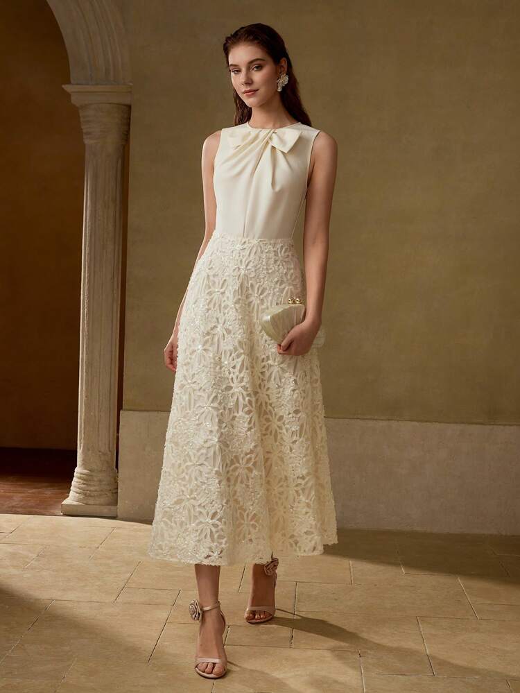 Vestido elegante de cintura alta y ajuste ceñido con cuello de lazo y falda en línea A, con sensación de alta gama para mujeres
