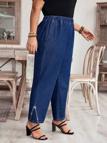 EMERY ROSE 大码纯色弹性腰带口袋休闲水钻装饰牛仔裤